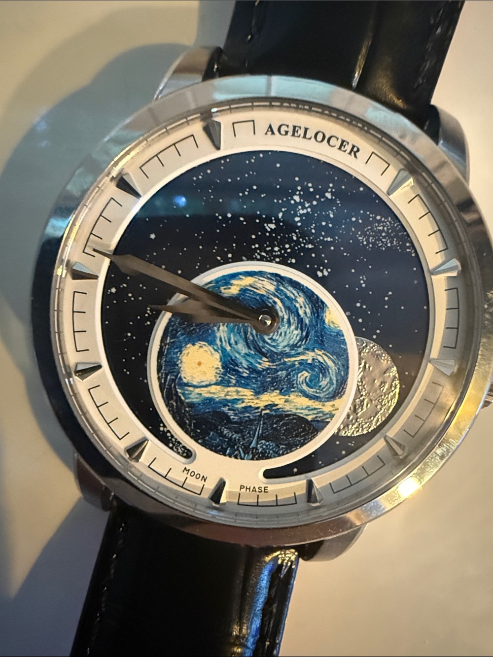 Agelocer Van Gogh moon watch automatic with leather strap exhibition back - Picture 6 of 7